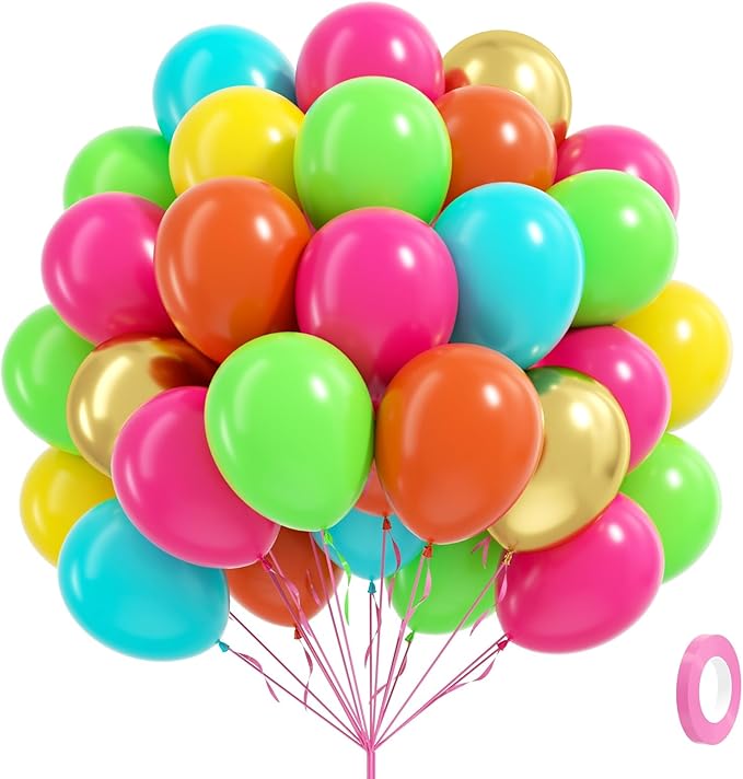 60pcs 12inch Tropical Balloons, Hot Pink Lime Green Teal Orange Yellow Metallic Gold Balloons for Luau Tropical Hawaiian Baby Shower Themed Birthday Party Decorations