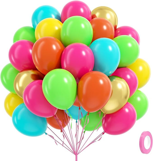 60pcs 12inch Tropical Balloons, Hot Pink Lime Green Teal Orange Yellow Metallic Gold Balloons for Luau Tropical Hawaiian Baby Shower Themed Birthday Party Decorations