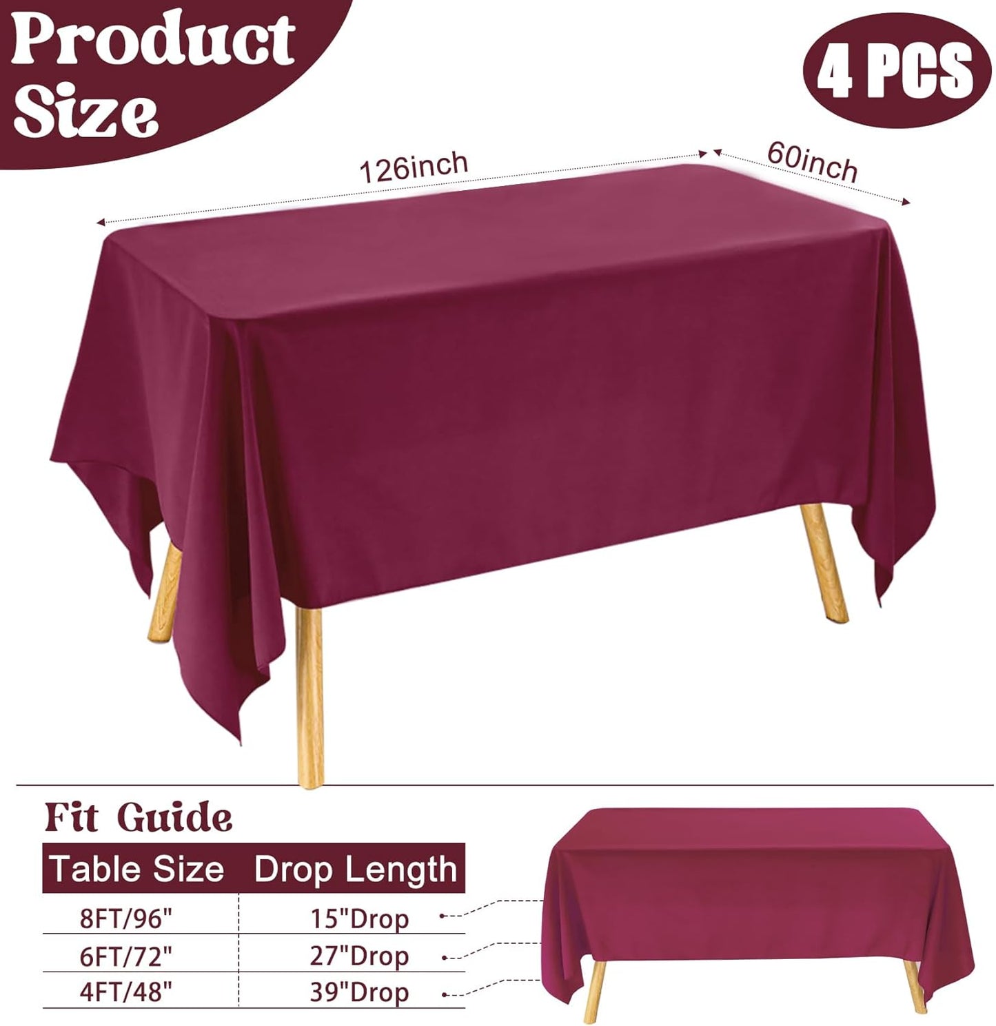 4 Pack Rectangle Tablecloth 60x126 Inch Burgundy Washable Polyester Table Cover for Wedding Dining Table Buffet Parties Banquet Decoration（Burgundy）