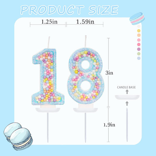 Blue Birthday Candles - Number 18 Candle, Colorful Macaron Candles, 18 Birthday Decorations for Girls Boys, Cake Decorations, Theme Party Supplies (Blue)