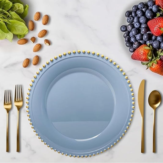 Blue Beaded Charger Plates, 13 Inch Plastic Round Chargers for Dinner Plates, Party, Wedding, Birthday.Set of 6