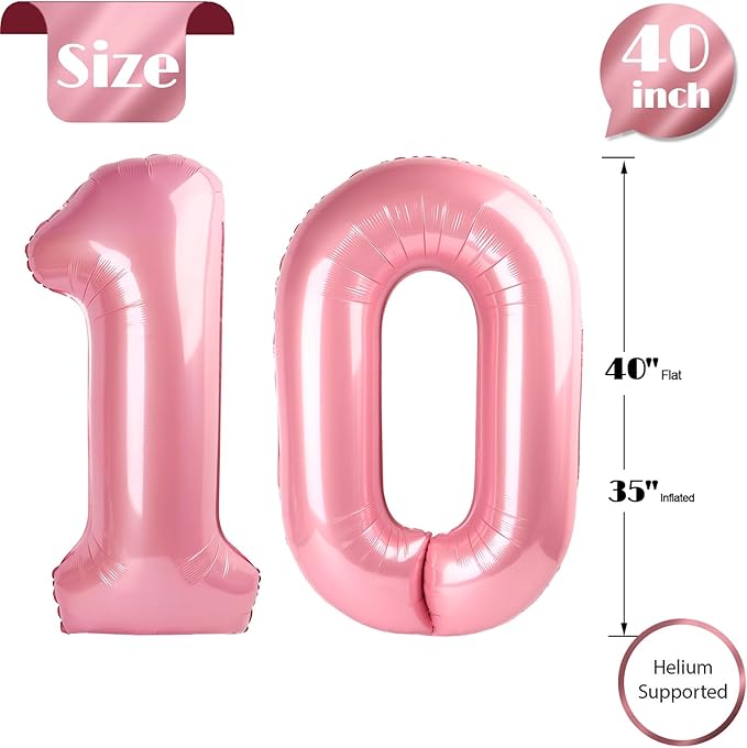 Pearlescent Pink Number 10 Balloons 40 inch, 10 Number Balloons, 10th Birthday Decorations for Girls 10 Year Old Pastel Pink Party Supplies