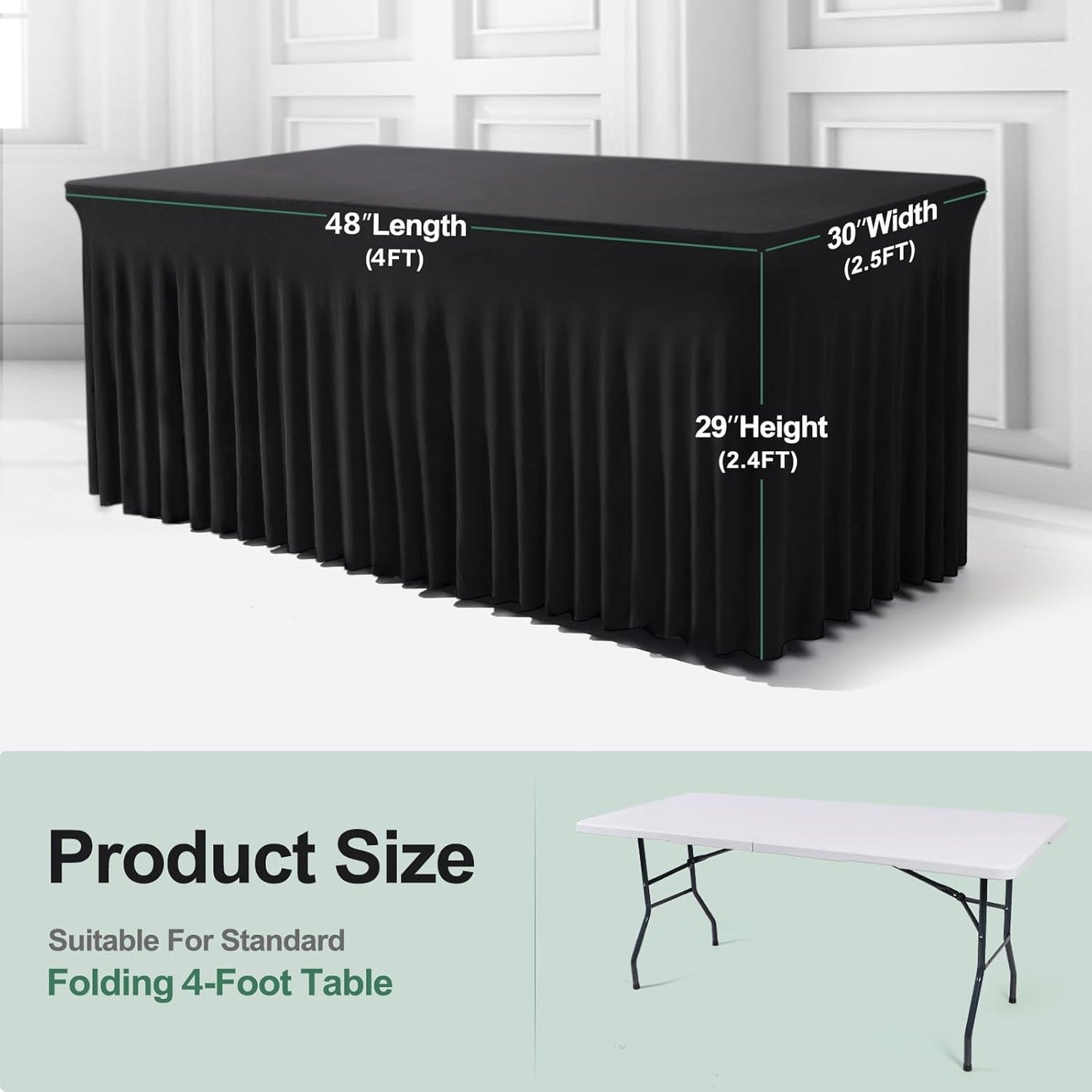 Table Skirt for 4 Foot Tables - One-Piece Black Tablecloths and Skirt, Wrinkle Resistant Ruffles Elastic Cover for Banquets, Weddings, Events, Parties