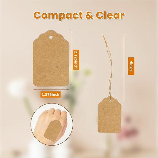 Brown Price Tags with String 1000 PCS, 1.375 x 2.125 Inches, Goefun Kraft Paper Hang Tags for Gift Bags, Hanging, Clothing, Jewelry, Garage/Yard Sale, Inventory, 250 GSM