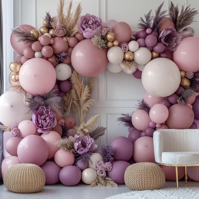 Dusty Purple Pink Balloon Garland Double Stuffed Boho Lavender Sand White Pastel Pink Lilac Gold Balloons Arch Kit for Wedding Birthday Bridal Baby Shower Floral Butterfly Party Decoration
