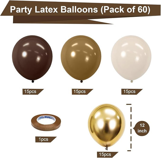 Bezente Brown and Gold Balloons Kit - 60pcs 12 inch Tan Sand White Latex Balloons Neutral Helium Fall Coffee Balloons for Baby Shower Gender Reveal Birthday Wedding Graduation Theme Party Decorations
