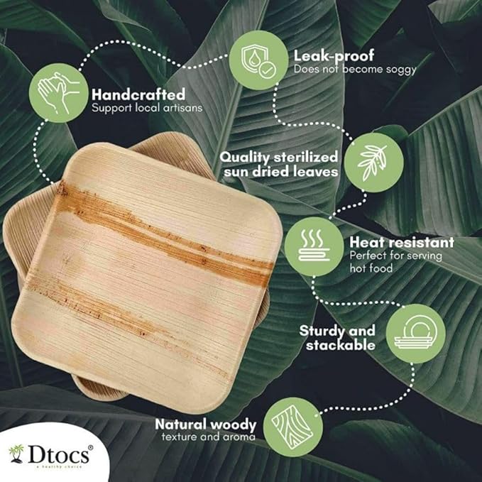 Dtocs Palm Leaf Plates Disposable 7" Square (100) | Compostable Dinnerware for Serving Desserts, Appetizer, Salad, Mini Charcuterie Boards for Camping, Wedding, Birthday | Sturdy than Paper Plates