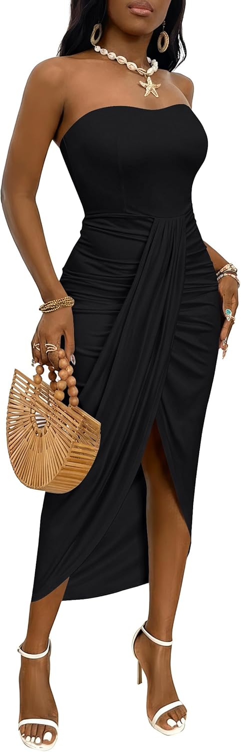 Umenlele Women's Strapless Ruched High Waist Wrap Split Asymmetrical Beach Maxi Long Dress