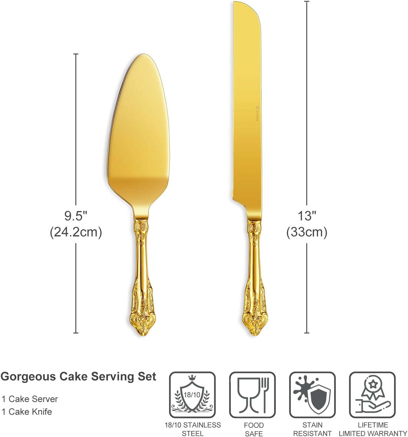 KEAWELL Gorgeous Wedding Cake Knife and Server Set, 18/10 Stainless Steel, Fine Luxury Cake Cutting Set (Gold)