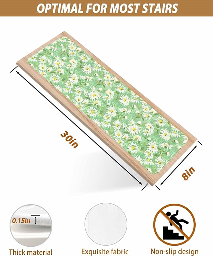 Spring Flowers Stair Treads Non Slip for Wooden Steps Watercolors White Daisy Green Field Botanical Stair Runner Carpet Reusable Adhesive Staircase Rugs for Dogs, Elders and Pets, 8x30 Inch, 10PCS