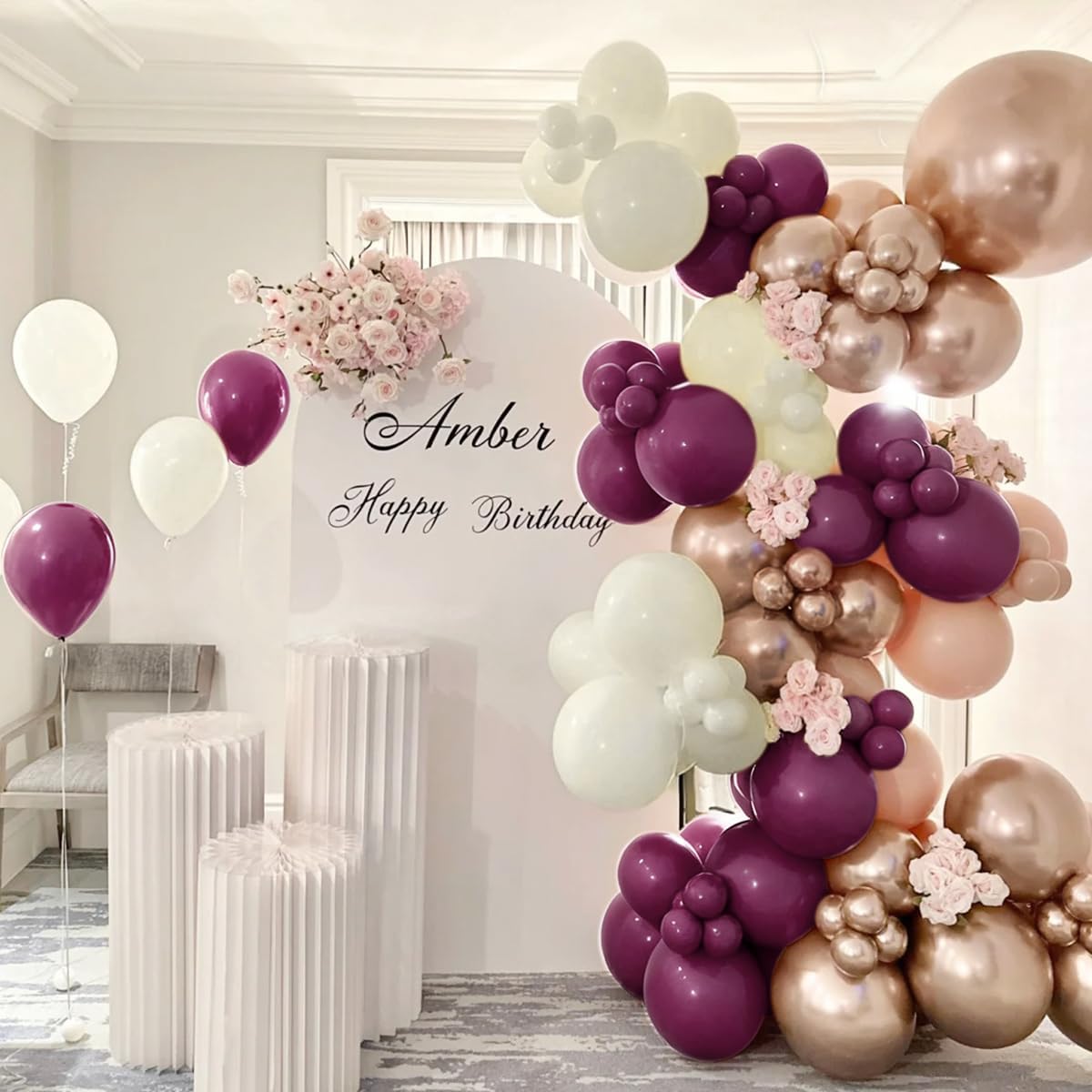 Plum Purple White Gold Balloon Arch Kit, 155Pcs Dark Mauve White Sand Rose Gold Balloons Garland for Boho Baby Shower Birthday Wedding Party Decoration