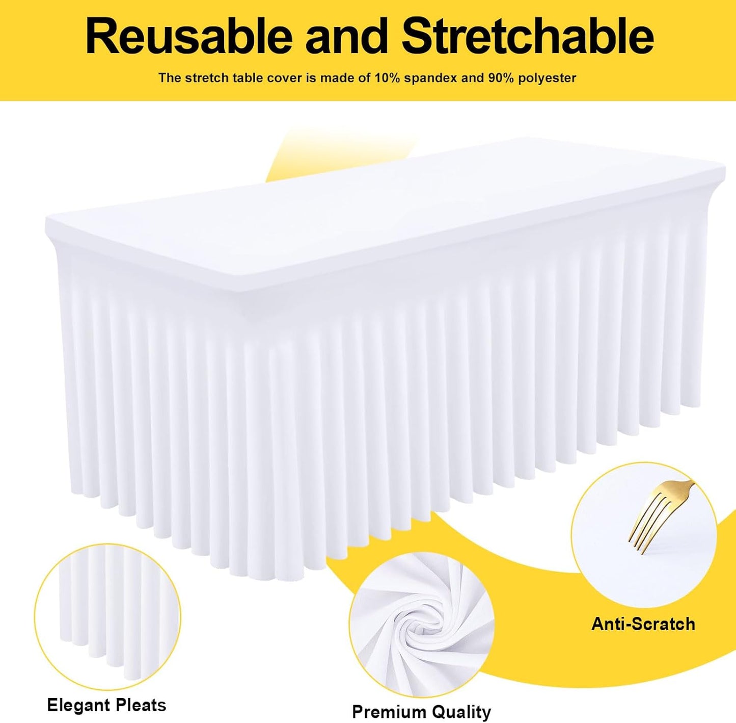 Smiry Spandex Tablecloth 2 Pack, Elastic Fitted Stretch Tablecloth for 8FT Rectangle Tables, Waterproof Washable Table Cover Skirt for Outdoor, Wedding, Banquet & Parties (White, 96Lx30Wx30H Inch)