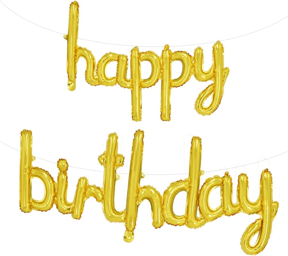 TONIFUL Gold Happy Birthday Balloons Banner, 16 Inch Mylar Foil Script/Cursive Letters Birthday Sign Banner Balloon Reusable Material for Girls Boys Kids & Adults Birthday Decorations