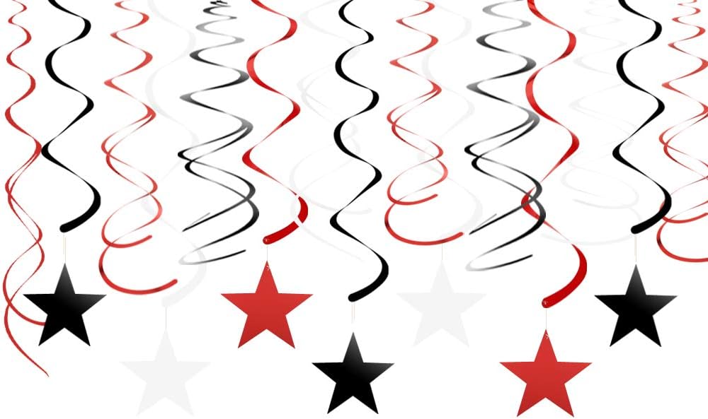 Red Black White Star Hanging Swirl Decorations Stars Streamers Foil Swirls for Ceiling Decorations Party Supplies, Pack of 30