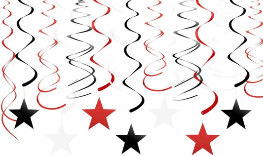 Red Black White Star Hanging Swirl Decorations Stars Streamers Foil Swirls for Ceiling Decorations Party Supplies, Pack of 30