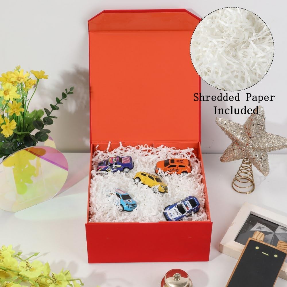 1 Pcs 8x8x4 Inch Red Gift Box Small Gift Box with Shredded Paper Magnetic Box with Crinkle Paper Red Luxury Gift Boxes with Lids for Presents