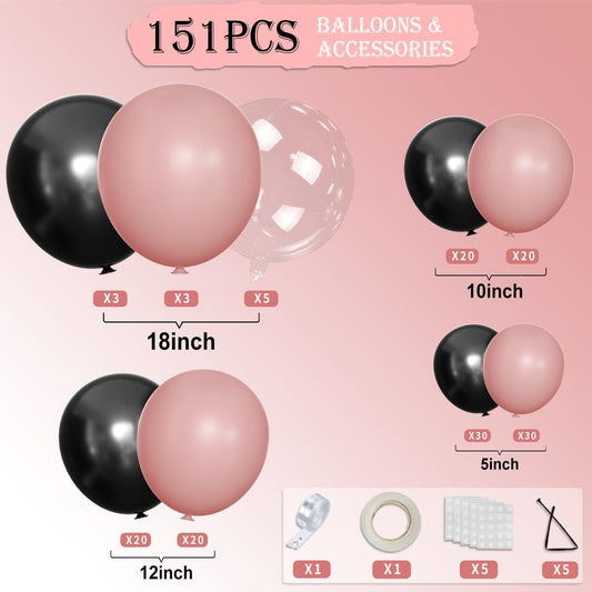 Dusty Pink Black Balloons Arch Kit, 151Pcs Black Pink and Bobo Balloons Garland 18 12 10 5 inch for Women Girls Birthday Wedding Bridal Shower Bachelorette Anniversary Party Decorations