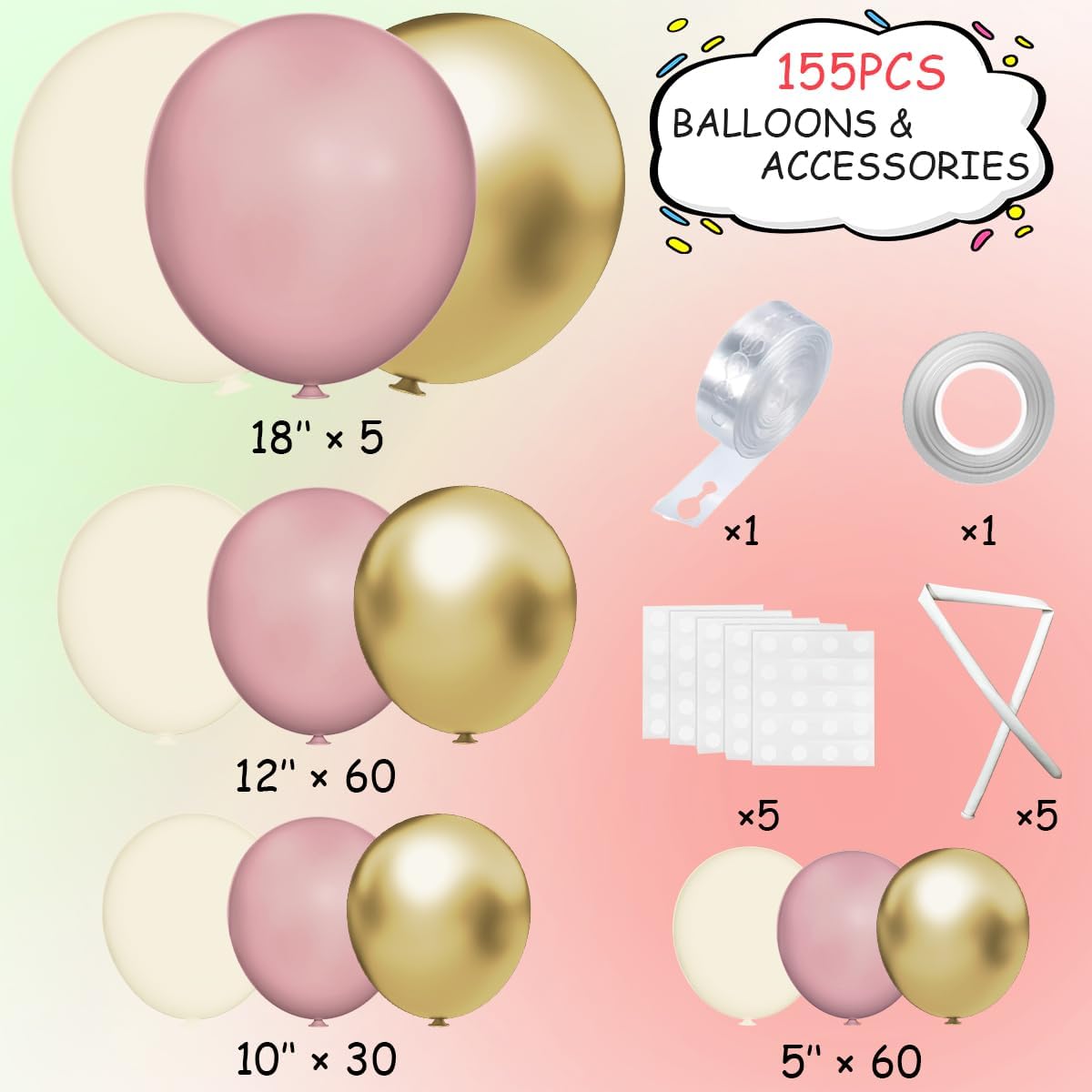 Pink White Gold Balloons Arch Kit, 155Pcs Dusty Pink Matte White Metallic Gold Balloon Garland for Birthday Bridal Baby Shower Wedding Confession Proposal Party Decorations