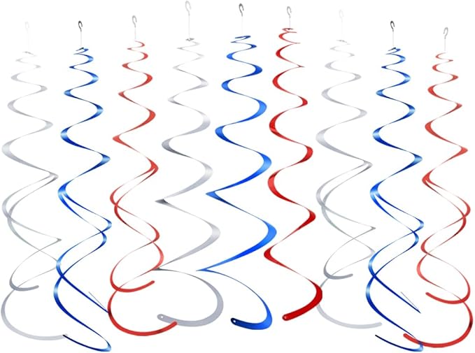 MOWO Silver Blue and Red Foil Swirl Hanging Decoration for 4th July Independence Day Graduation Retirement Patriotic Theme Party Supplies,Pack of 21
