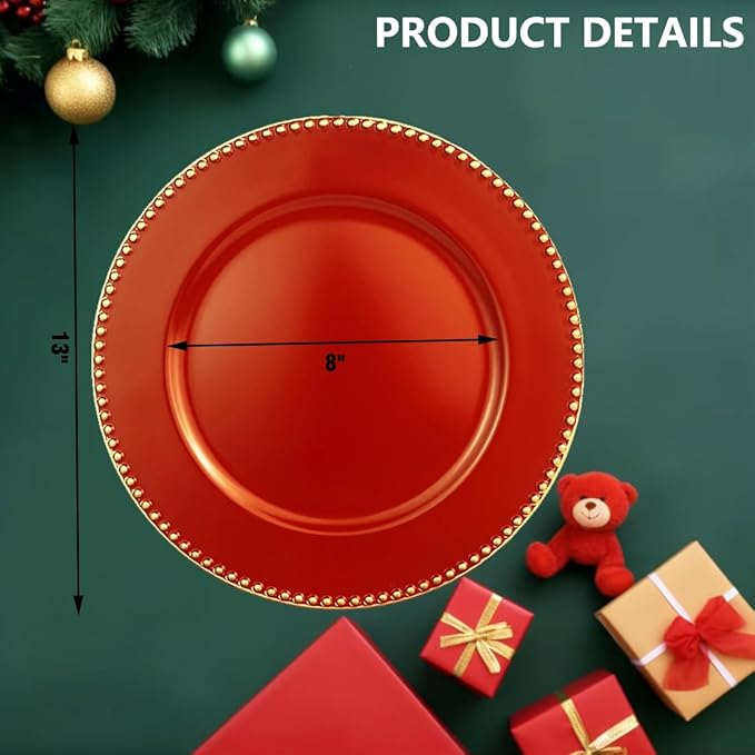 Red Charger Plates with Beaded Rim, 13" Round Charger for Dinner Plates, Set of 6 Plastic Plate Chargers for Wedding, Thanksgivng, Christmas.