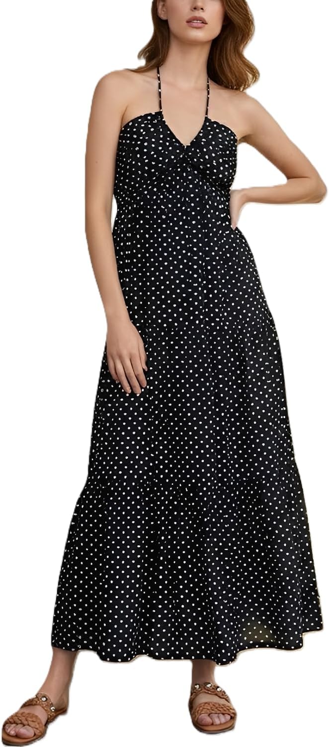 Women's Casual Halter Tiered Vacation Maxi Dress with Pockets