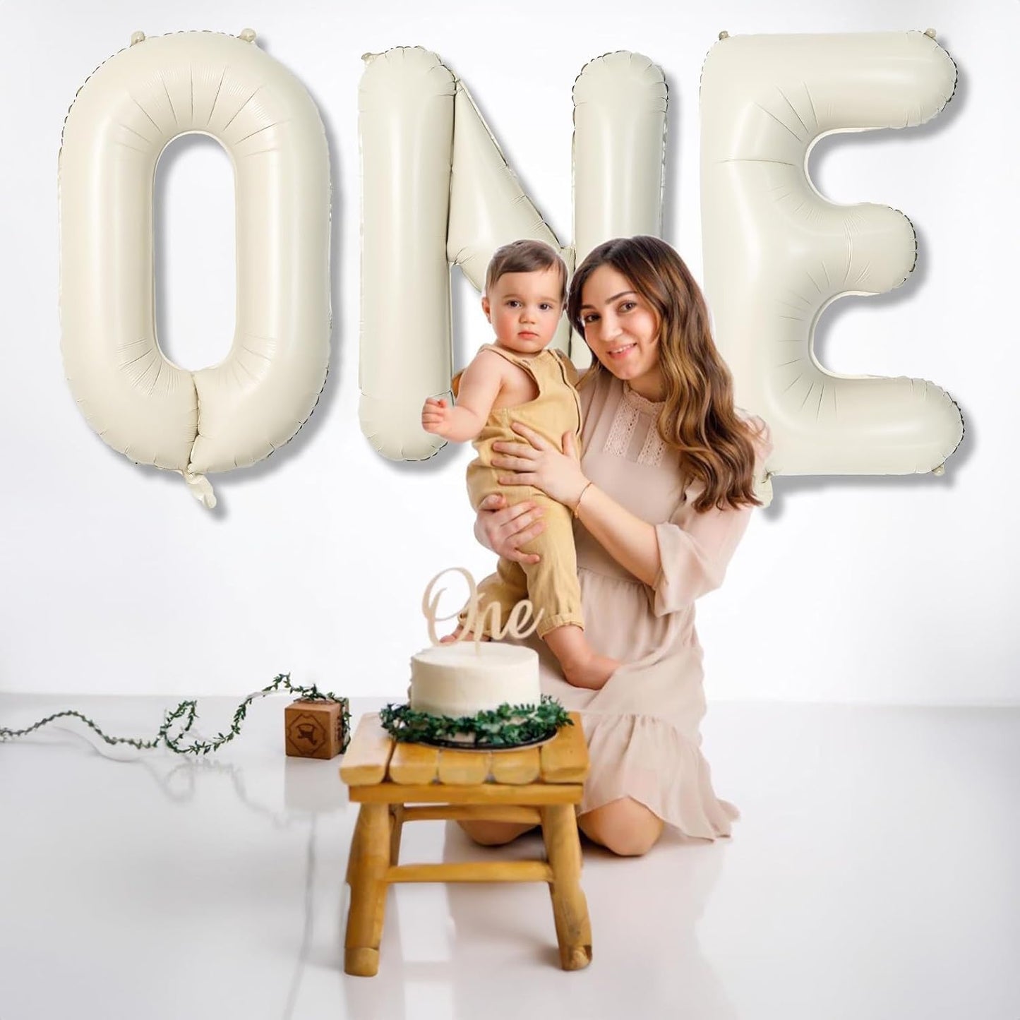 40 Inch Beige One Balloons for 1st Birthday, Cream White Sand One Balloon Letters with Ribbon, Neutral Ivory Alphabet One Balloon for Boys Girls First Birthday 1 Year Old Baby Shower Party Decorations