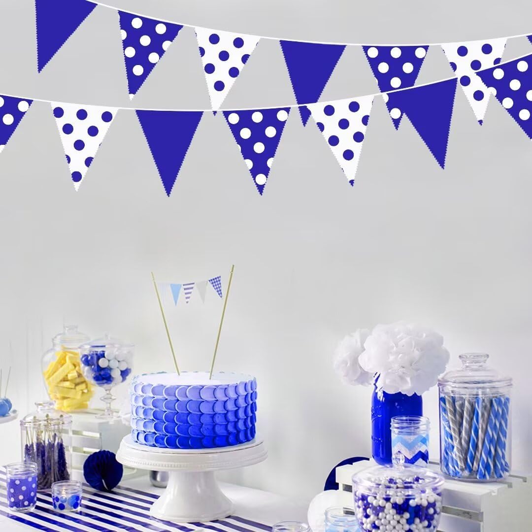 32Ft Royal Blue Party Decorations Blue White Fabric Polka Dot Triangle Banner Flag Pennant Bunting Garland Streamers for Picnic Racing Car BBQ Birthday Baby Shower Outdoor Garden Decor
