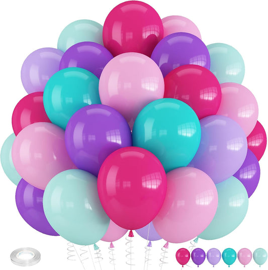 Pink Purple and Blue Balloons, 60 PCS 12 Inch Teal Blue Pink Purple Balloons Colorful Balloon for Girls Mermaid Birthday Baby Shower Wedding Princess Singer Party Decorations