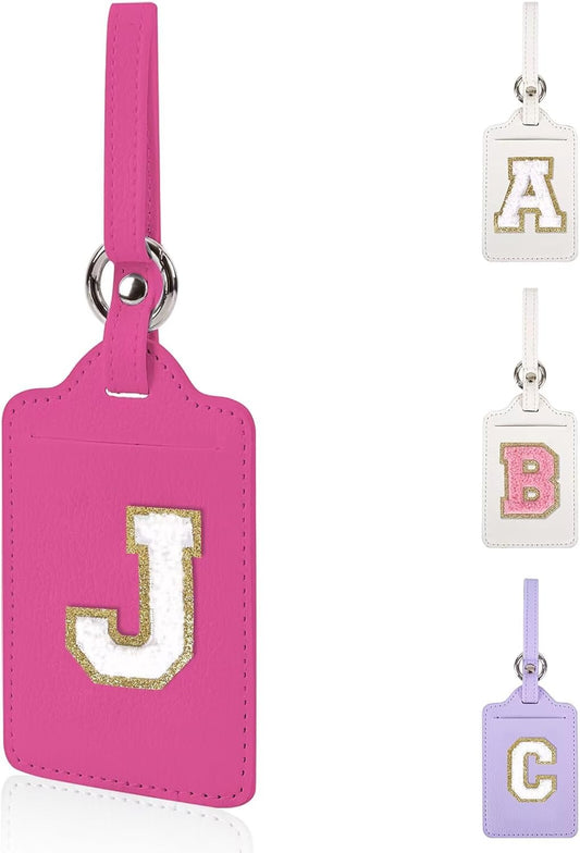 Personalized Initial Luggage Tags for Suitcases, Leather Chenille Letter Cute Luggage Tags with Privacy Name Card, Embroidered Travel Bag Backpack Tags Gifts for Women Kids Girls Teens(Rosered-J)