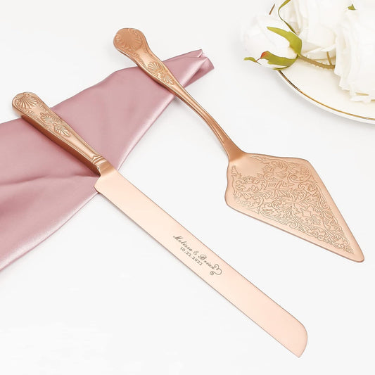 Cake Knife and Server Set, Personalized Cake Cutting Set For Wedding, Rose Gold Cake Cutter Pie Pizza Server Set, Engraved Cake Serving Set for Anniversary Birthday Party Gift (Rose gold)