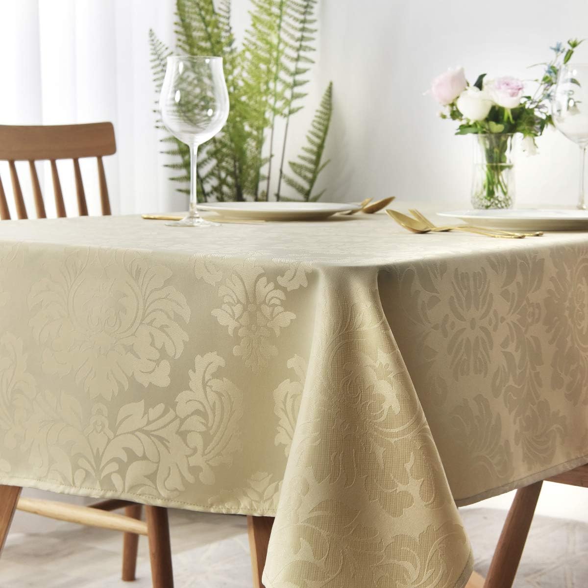 maxmill Jacquard Table Cloth Damask Design Water Proof Wrinkle Free Heavy Weight Soft Tablecloth Decorative Fabric Table Cover for Outdoor and Indoor Use Rectangular 60 x 104 Inch Beige
