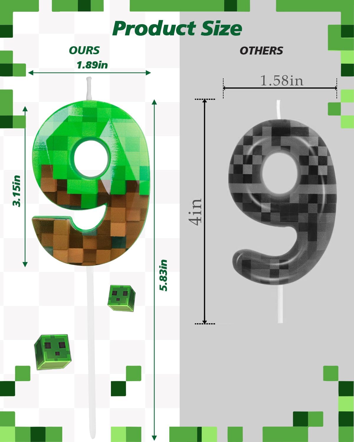 Pixel Birthday Candle, 2.68 Inch Miner Number Candles, Game Themed Candle Birthday Decoration for Pixel Theme Birthday Anniversary Dynamite Video Game Party (Green, 9)