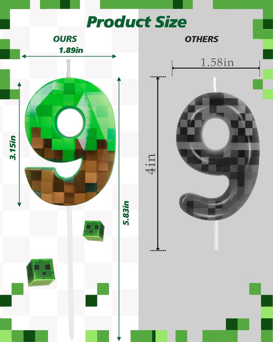 Pixel Birthday Candle, 2.68 Inch Miner Number Candles, Game Themed Candle Birthday Decoration for Pixel Theme Birthday Anniversary Dynamite Video Game Party (Green, 9)
