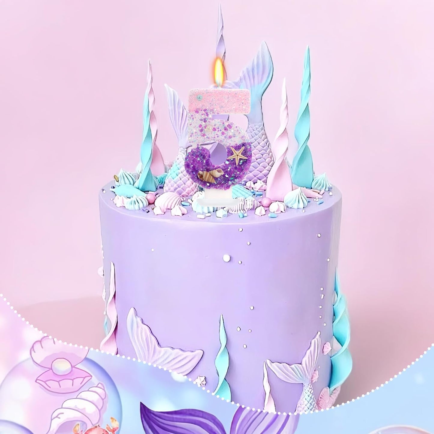Pink and Purple Number 5 Birthday Candle, 2.76 inch Cake Topper with Conchs Starfish for Mermaid Theme Birthday Party Decoraions (Number 5)