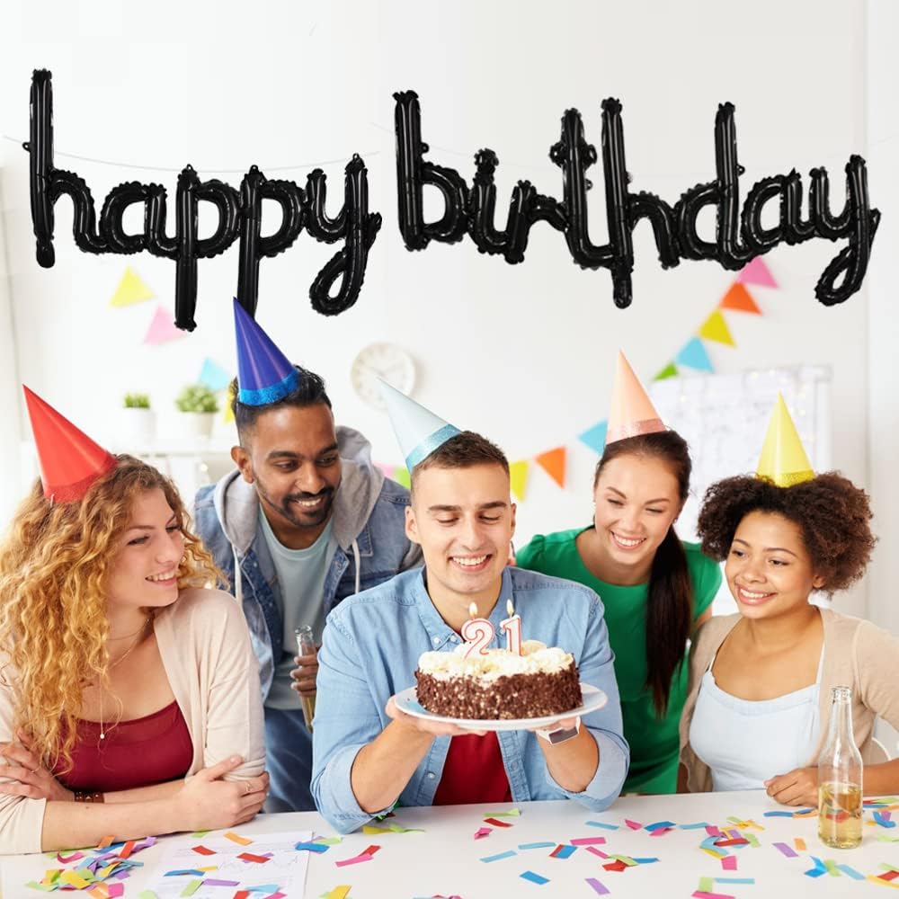 TONIFUL Black Happy Birthday Balloons Banner, 16 Inch Mylar Foil Script/Cursive Letters Birthday Sign Banner Balloon Reusable Material for Girls Boys Kids & Adults Birthday Decorations