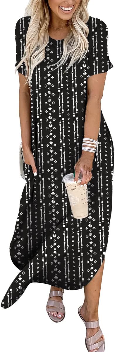 ANRABESS Womens Summer Maxi Dress Short Sleeve Casual Loose Long T Shirt Dresses Split Vacation Beach Sundress Travel Outfits