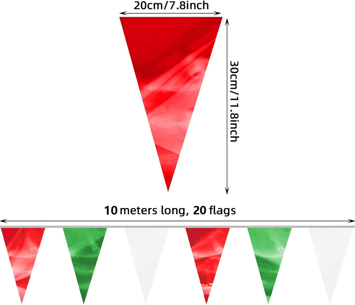 32.8FT White Green Red Glitter Triangle Pennant Banner Flag Metallic Bunting Fabric Garland for Christmas Italy Mexican Birthday Baby Shower Wedding Banners,New Years Winter Decor Ouruola