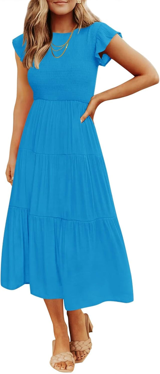 ZESICA Women's 2025 Summer Casual Flutter Short Sleeve Crew Neck Smocked Elastic Waist Tiered Midi Dress