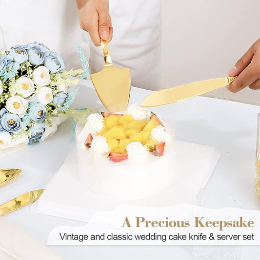 TUKDAK Cake Cutting Set for Wedding, Personalized Gold Cake Knife and Server Set, Custom Cake Serving Set, Engraved Pastry Pie Server Cake Pizza Cutter, Birthday Bridal Gift (F-Classic)