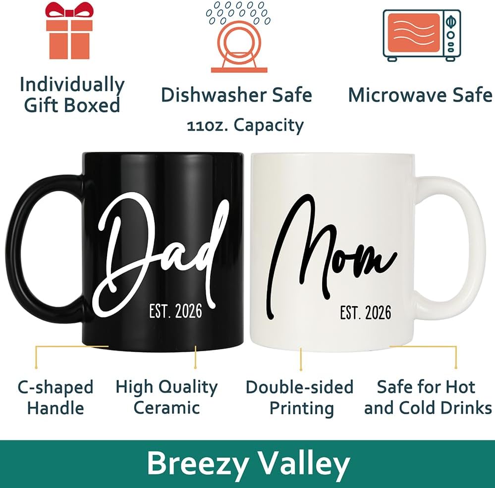 Breezy Valley Mom Dad Coffee Mugs Est 2026 Cup, 1st First Time New Parents Gifts for Couples - Expecting Parents Mom Dad to Be Gifts, Pregnancy Baby Shower Gender Reveal Gift ideas for Mommy to be