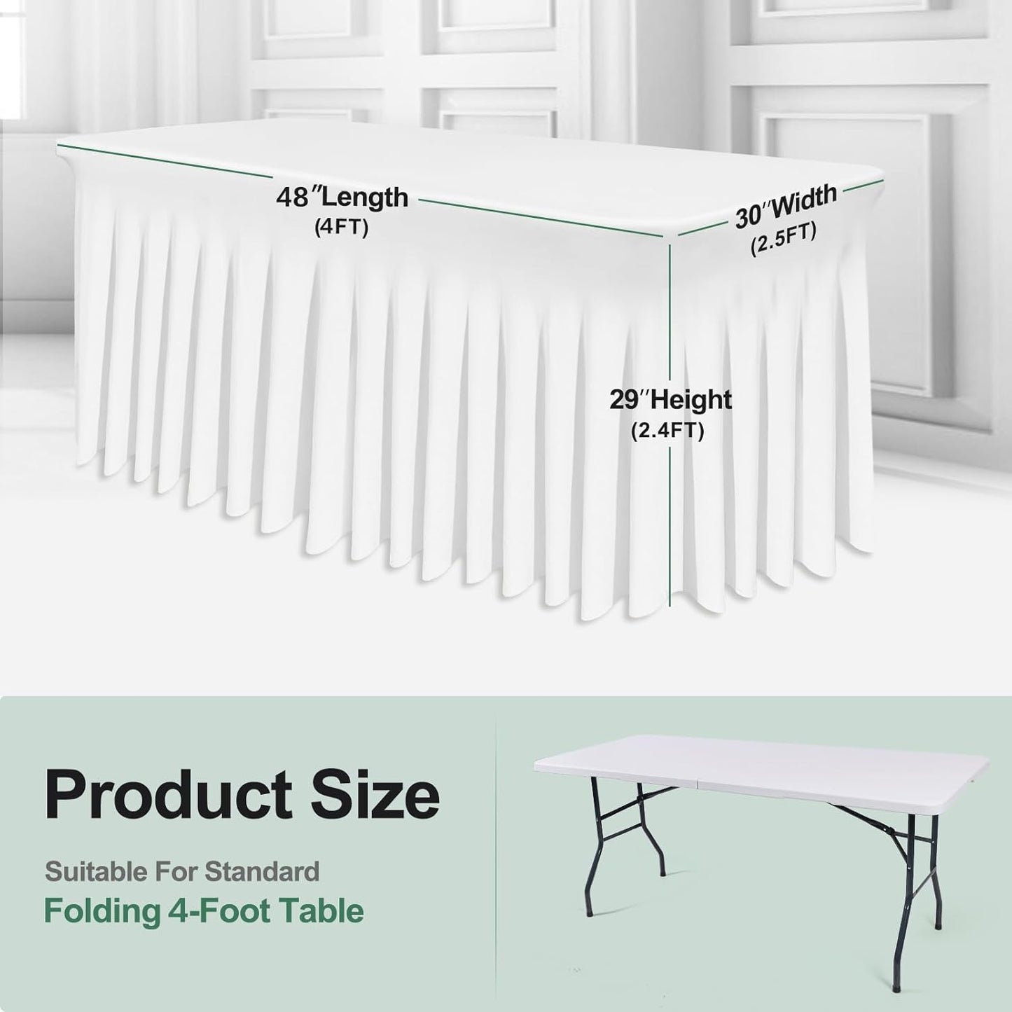 Table Skirt for 4 Foot Tables - 2 Pack One-Piece White Tablecloths and Skirt, Wrinkle Resistant Ruffles Elastic Cover for Banquets, Weddings, Events, Parties