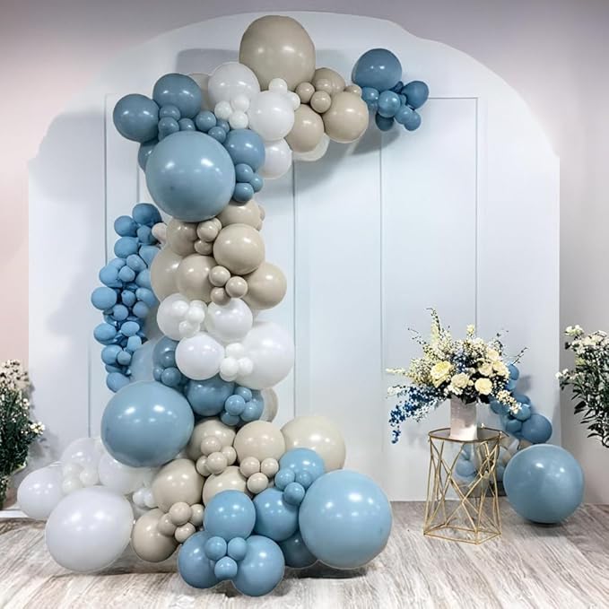 Dusty Blue White Sand Balloon Arch Garland Kit-145pcs Neutral Nude Dusty Blue Balloons for Birthday, Christening, Baby Shower, Bridal Shower, Baptism Decorations