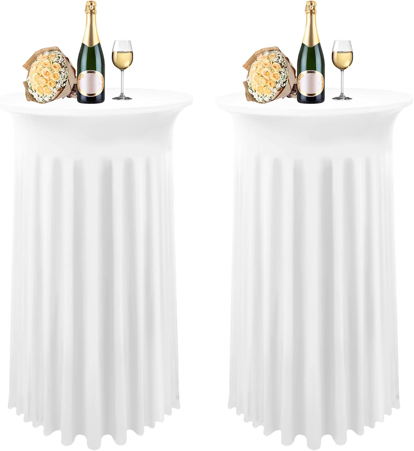 2 Packs White Round Spandex Stretch Tablecloths with Skirt, 24x43, Upgraded Model - Fitted High Top Stretch Table Dress for Party, Wedding, Banquet