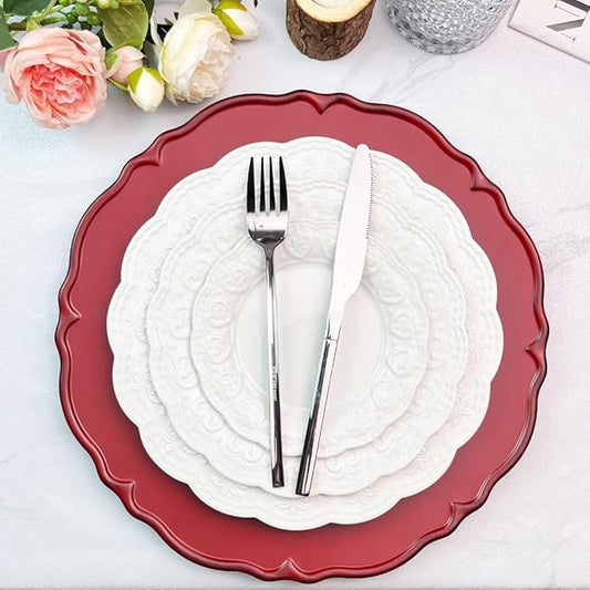 Antique Red Charger Plates Set of 6, 13" Plate Charger for Dinner Plates, Plastic Round charger plates bulk Wedding, Events, Party, Tabletop Decor.