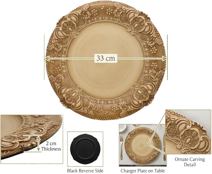 13-Inch Vintage Embossed Charger Plates, Set of 6 - Decorative Antique Gold Plastic Underplates for Dinner Party, Wedding, and Holiday Table Decor - Durable & Reusable Service Plates