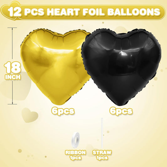 Black Gold Heart Balloons,12Pcs Black Heart Shaped Foil Balloons,18Inch Gold Helium Balloon for Birthday New Year Baby Shower Anniversary Wedding Party Decorations