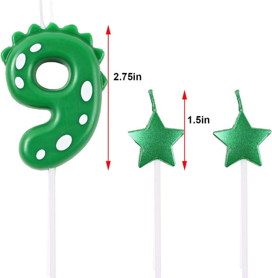 2.75 Inch Green Dinosaur Shaped 9 Number Birthday Candles and Star Birthday Candles,Suitable for Dinosaur Birthday Decorations & Themed Parties Celebration