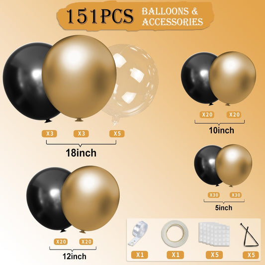 Black Gold Balloons Garland Arch Kit, 151pcs Metallic Gold and Black Balloons Different Size 18 12 10 5 inch for Graduation, Birthday, Anniversary, New Year Party Decorations Supplies