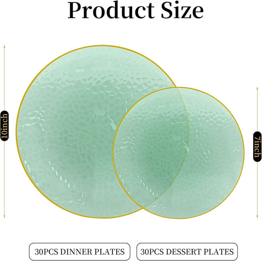 Lullaby 60pcs Green Plastic Plates with Gold Rim, Includes 30pcs Dinner Plate 10'' and 30pcs Clear Dessert Plate 7.5'', Green Disposable Plastic Plates for Parties, Birthdays and Wedding
