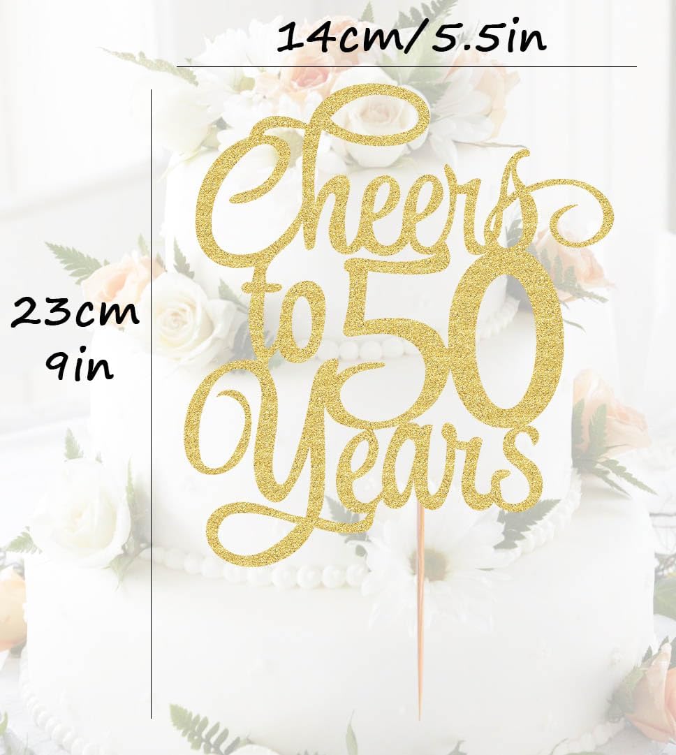 Cheers to 50 Years Cake Topper - Gold Glitter 50th Birthday Cake Decorating Supplies, Perfect for 50th Anniversary or Fifty Birthday Party, Photo Booth Props